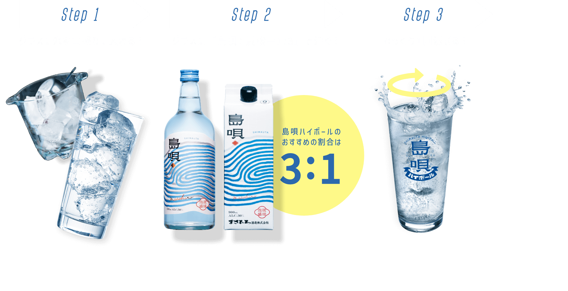 Step1 グラスに氷を山盛りに入れる！　Step2 グラスに「島唄:炭酸 = 1:3」で注ぐ！ Step3 ゆっくり1回混ぜる！